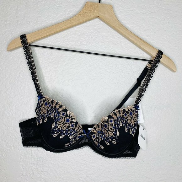 Aubade Paris Joyau Eternel Plunge Push Up Bra 36A Black Padded Embroidery Paris - Picture 3 of 11